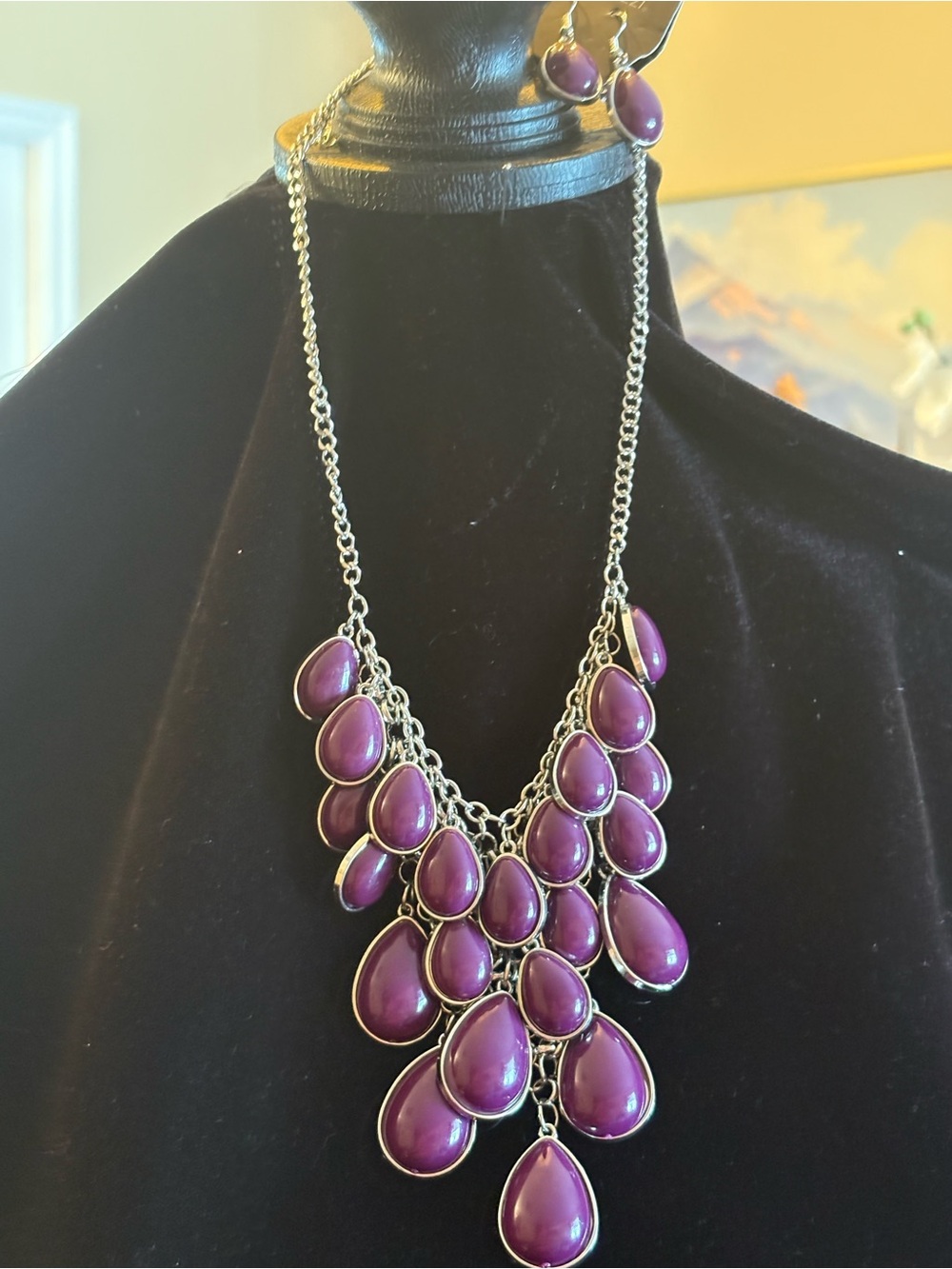 Purple Teardrop Statement Necklace and Earrings Set